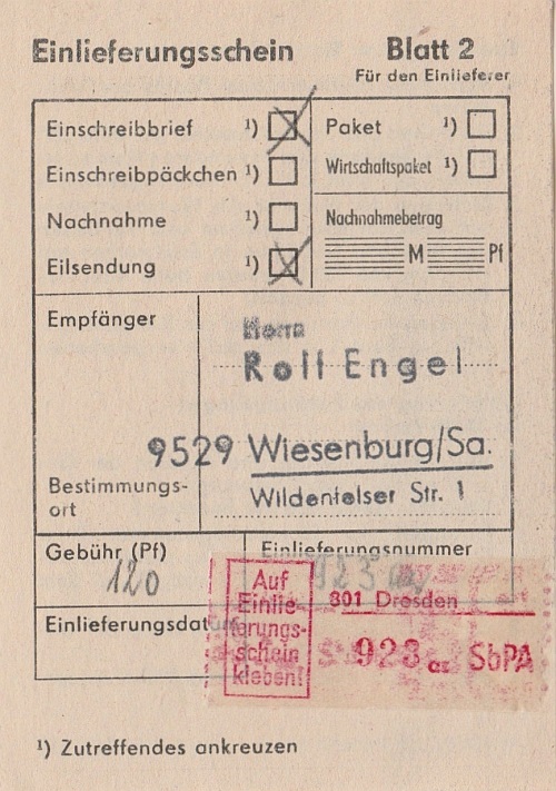 zugehöriger Einlieferungsschein zugehöriger Einlieferungsschein